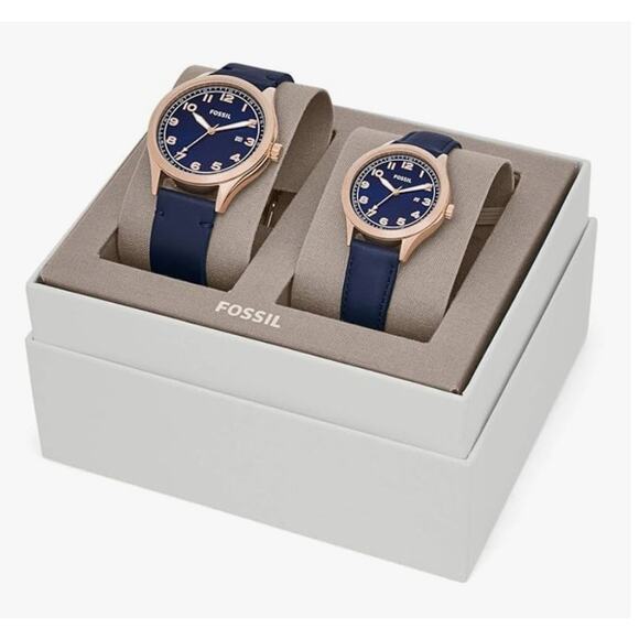 Fossil His and Her Wylie Three-Hand Navy Leather Watch Box Set BQ2470SET - Picture 2 of 9